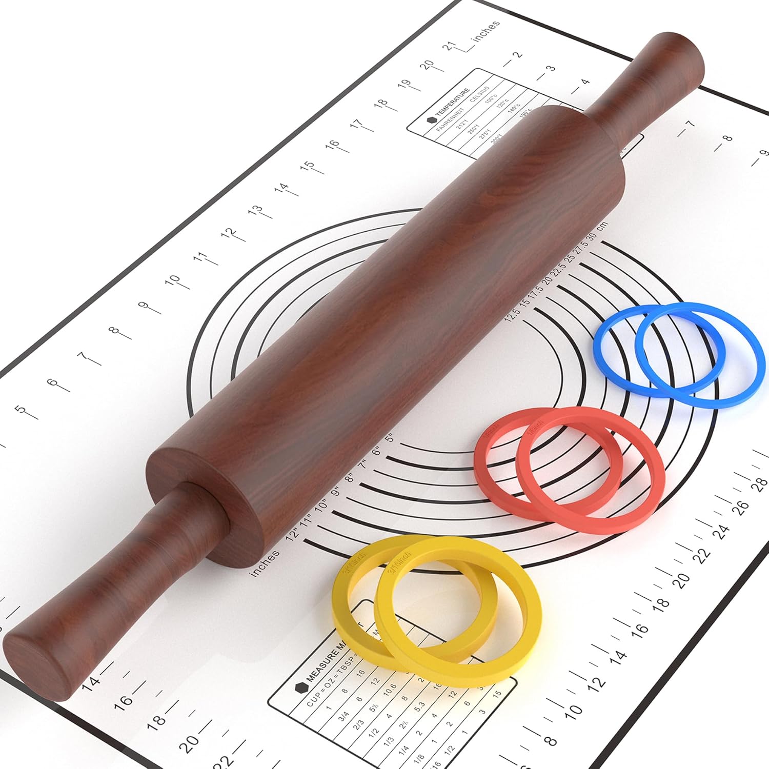 Classic Wooden Rolling Pin with Handle and Pastry Mat for Fondant, Pizza, Pies, Cookies,Rolling Pin for Baking with 3 Multi-Color Thickness Rings,17" x 2.5" (Include handle)