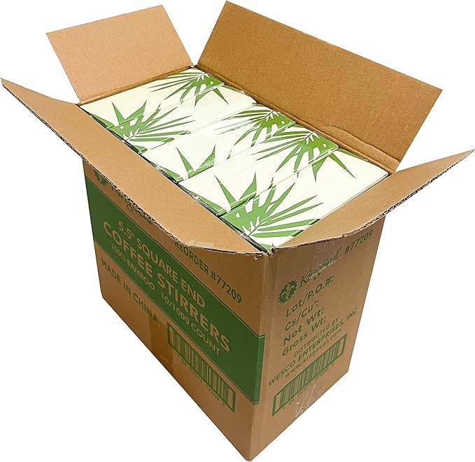 10,000 Count | KingSeal Bamboo Coffee Stirrers, Stir Sticks, 5.5 inches, Square End, 100% Renewable and Biodegradable - 10 Boxes x 1000 Stirrers