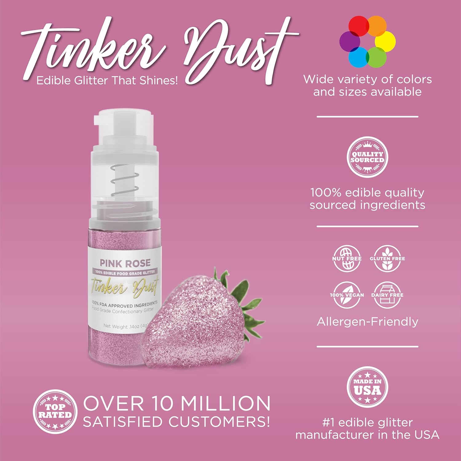 Bakell - Pink Rose Tinker Dust (4g, 1x Mini Spray Pump) Edible Glitter for Food, Desserts, and Beverages!