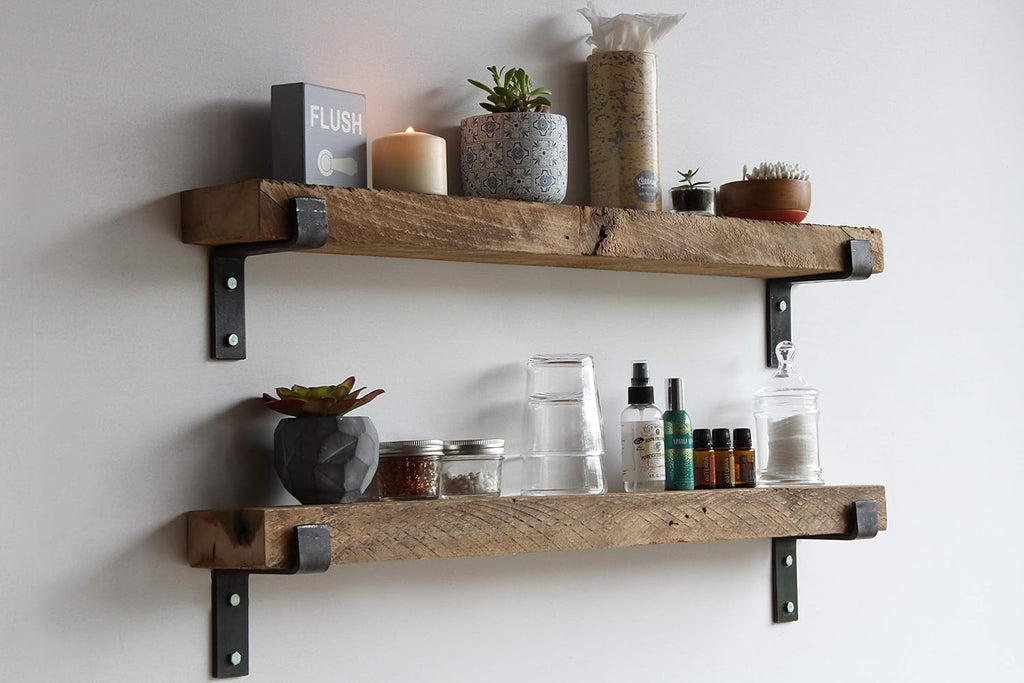Urban Legacy Accent Shelves | Reclaimed Barn Plank | Set of 2 with Full Brackets (Natural 30" x 7" x 2")