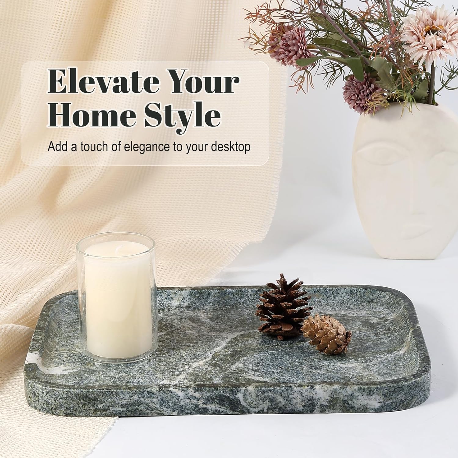 Koville Marble Tray, 12"x8" Natural Marble Vanity Tray for Countertop Bathroom Kitchen Dresser, Decorative Catchall Trays for Perfume Jewelry, Rectangular Stone Serving Tray(Green)