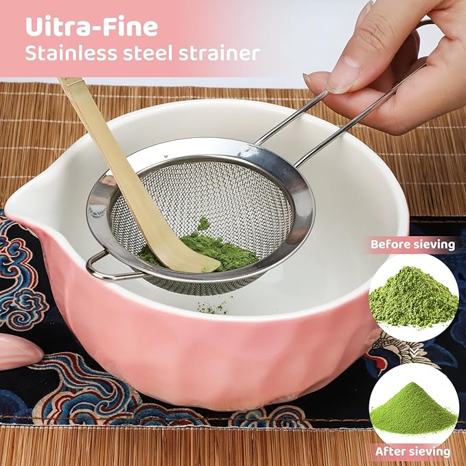 8PCS Matcha Whisk Set, Ceramic Matcha Kit Set Includes Bowl with Spout, Bamboo Spoon, Whisk, Holder, Sifter, Tea Cloth, Scoop and Scoop Stand (Hammered Gradient Pink and White)
