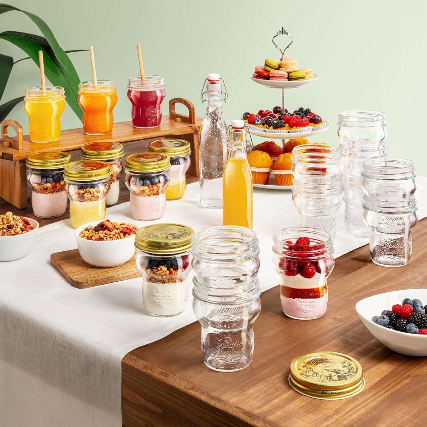 Bormioli Rocco Quattro Stagioni Glass Jars (Set of 6) - 9.25 Oz Stackable Storage Jars with Wide Mouth & Aluminum Lids - Glass Containers for Preserving, Serving, Organizing - Made in Italy