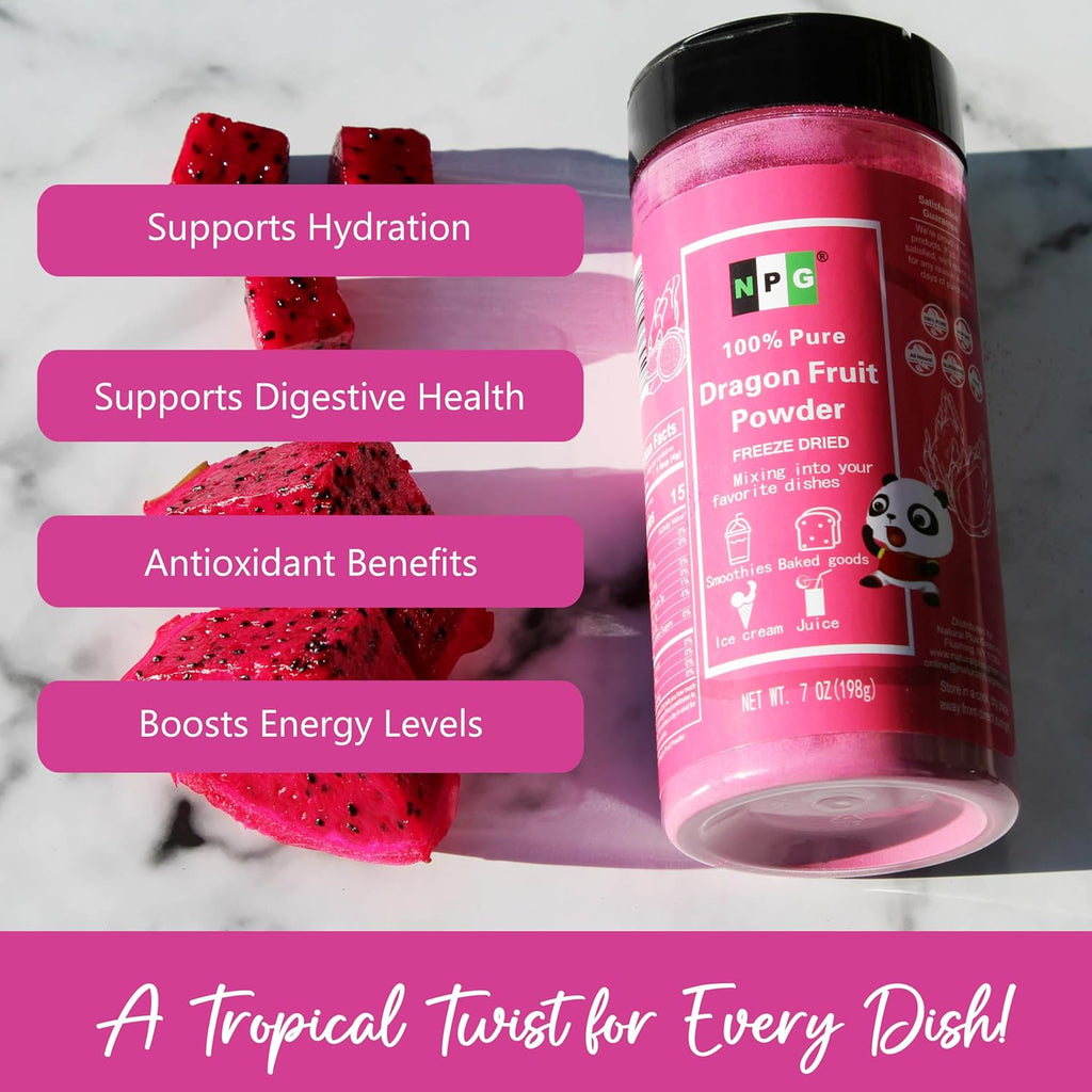 NPG Freeze Dried Red Dragon Fruit Powder 7 Oz, Seedless Fine Powder for Food Coloring, Baking, Smoothies, Drinks, Ice Cream, Cocktails, Vegan, Non-GMO, No Added Sugar