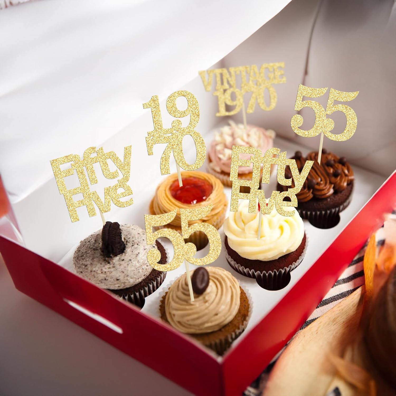 Gyufise 24Pcs 55th Birthday Cupcake Toppers Glitter Cheers to 55 Fabulous Fifty Five Vintage 1970 Cupcake Picks 55th Birthday Wedding Anniversary Party Cake Decorations Supplies Gold