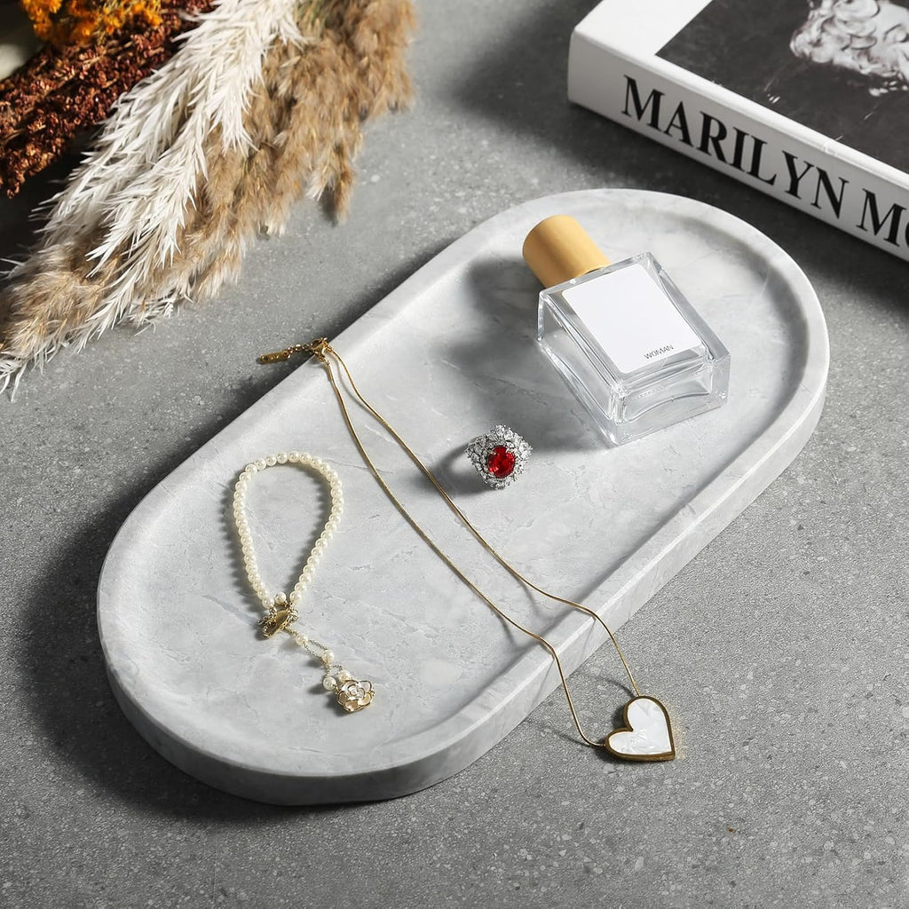 Koville Grey Marble Tray for Bathroom Countertop, 12"x6" Vanity Decorative Marble Tray for Dresser, Stone Catchall Trays for Perfume, Candles, Jewelry, Stone Gray Storage Trays for Home Decor