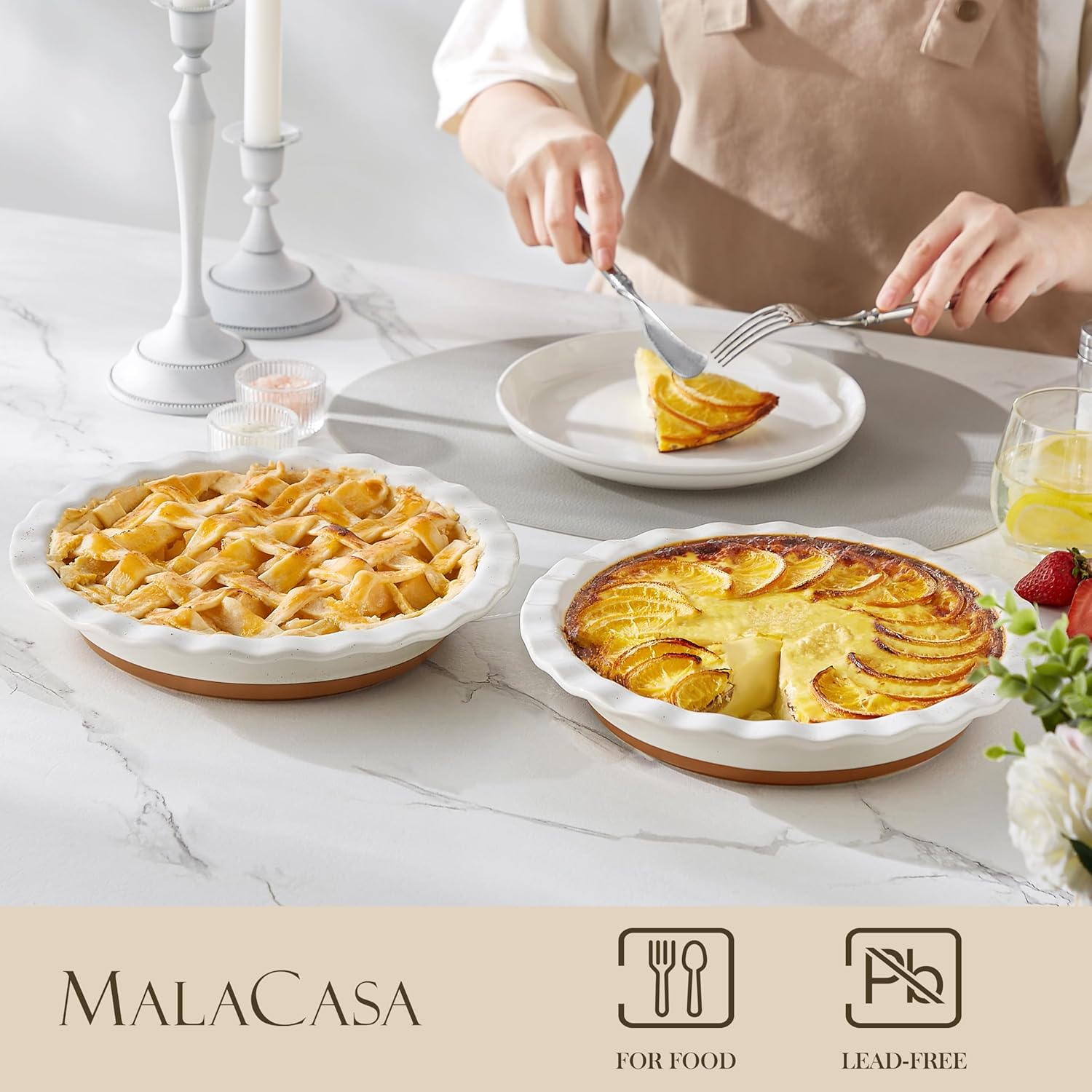 MALACASA Ceramic Pie Pan Set of 2-9 Inch Quiche Baking Dish Nonstick Pie Plate, Deep Dish Scratch-Resistant Pie Pan for Apple Pie Pot Pie, Series TARA