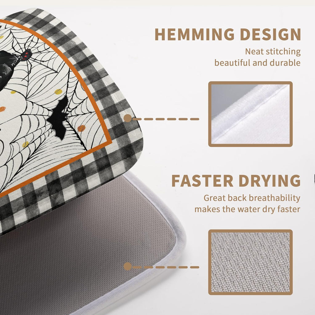 Halloween Gnomes Dish Drying Mat Bats Pumpkins Large Kitchen Mats Dish Drying Pad Buffalo Plaid Absorbent Dish Dryer Mat for Kitchen Countertops Microfiber Drainer Pad Dish Drying Mats (18x24 in)