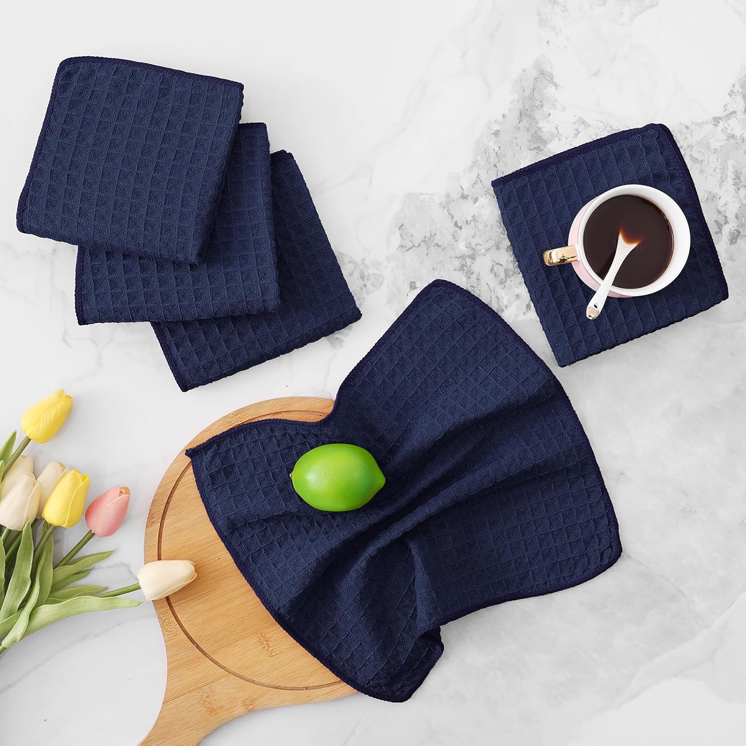 Homaxy Microfiber Waffle Weave Kitchen Dish Cloths, 12 x 12 Inch Ultra Absorbent and Solid Color Dish Towels for Kitchen Fast Drying Dishcloth for Washing Dishes, 12 Pack, Navy Blue