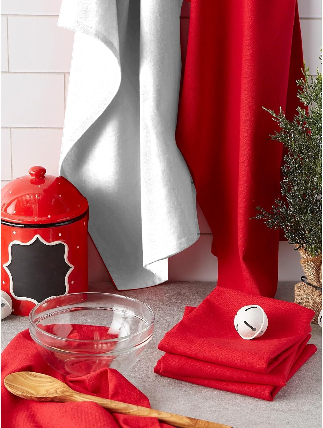 TARAN LIVING Kitchen Towels Cotton Solid Dish Cloths Kitchen Hand Towel Reusuable Dish Towel for Cleaning Tea Towels Set with Hanging Loop - 18"x 28",Red & White, Pack of 2