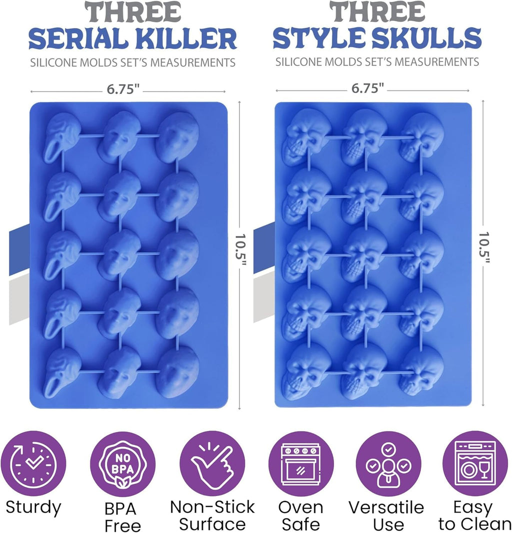 ShapedIceMolds Horror Movie Character Molds – Halloween Silicone Molds for Chocolate, Candy, Resin, Crafts – 3D Scary Film Icons for Party Treats & DIY Decor (Blue)