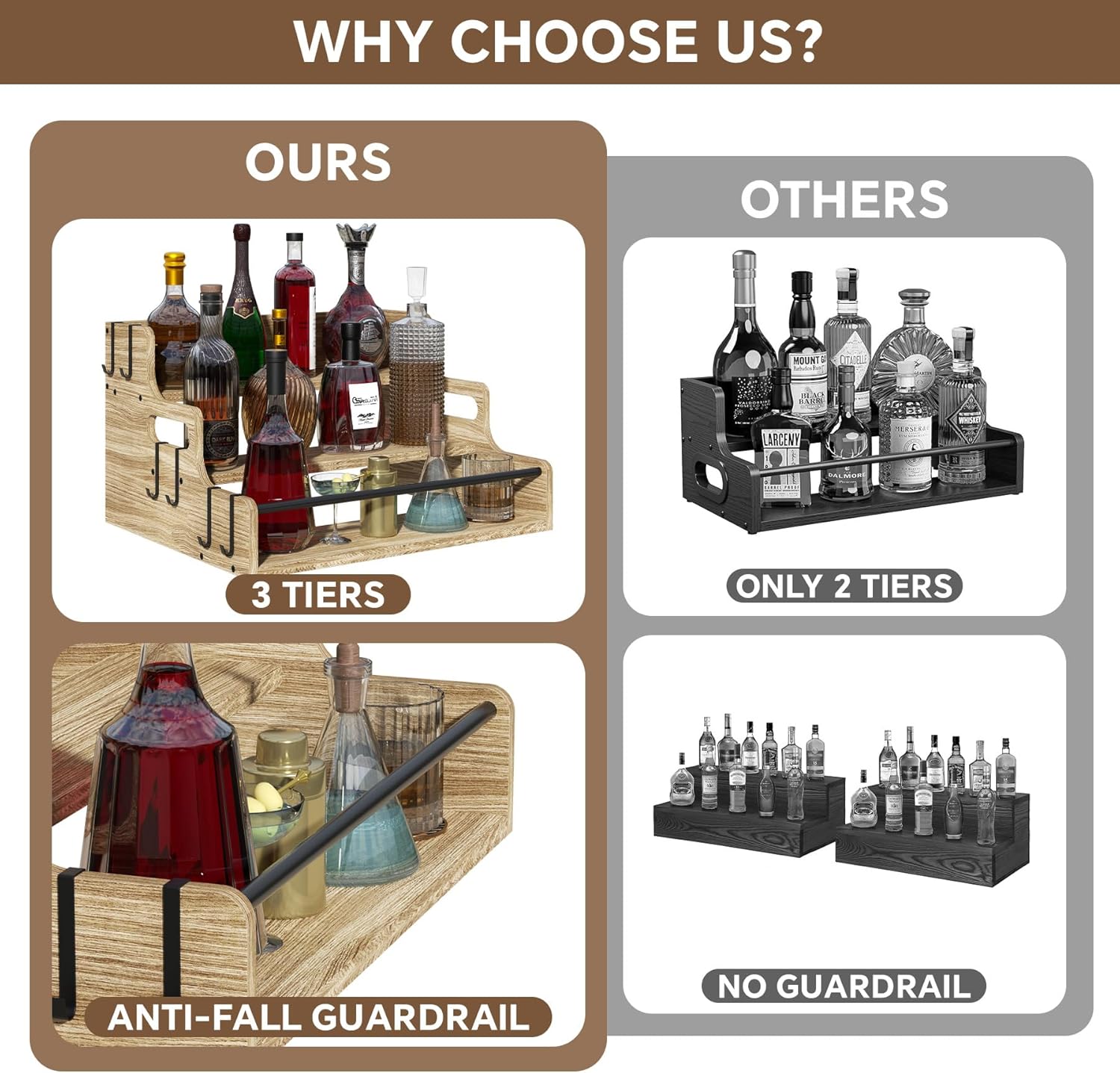 3-Tier Liquor Bottle Display Shelf, Bar Stand for Whiskey, Spirits, Coffee Syrup Rack Organizer, Countertop Wine Rack for Home, Mini Coffee Bar, Small Liquor Cabinet and Kitchen Light Brown