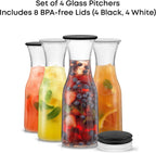 JoyJolt Glass Carafe with Lid, Set of 4 – 1 Liter Glass Pitcher for Mimosa Bar, Water, Iced Tea, Juice, Wine, Lemonade, Milk – Dishwasher Safe Beverage Drink Dispensers for Brunch, Parties