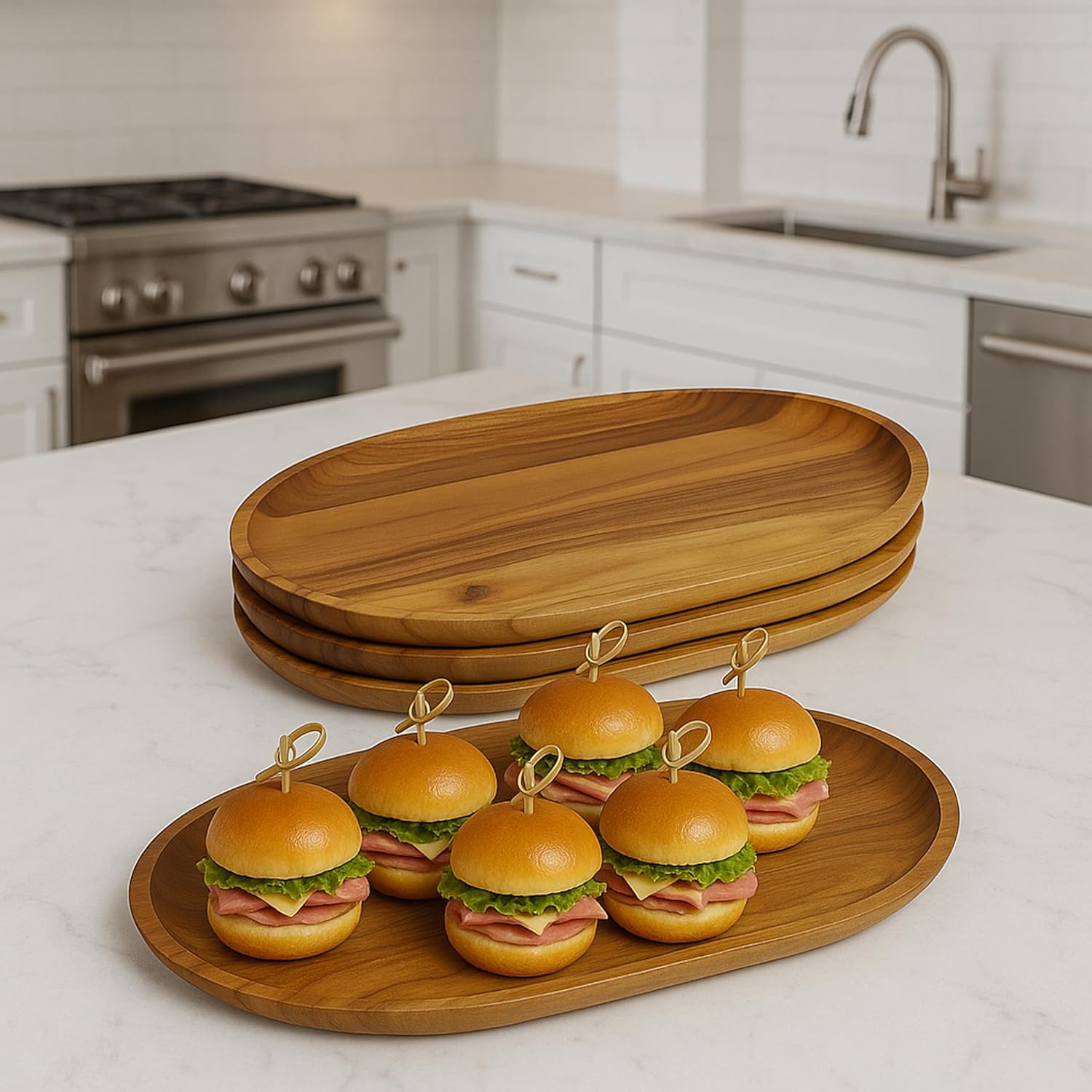 Woodard & Charles Acaica Wood Large Oval Serving Tray, Set of 4, 10" W x 15" L