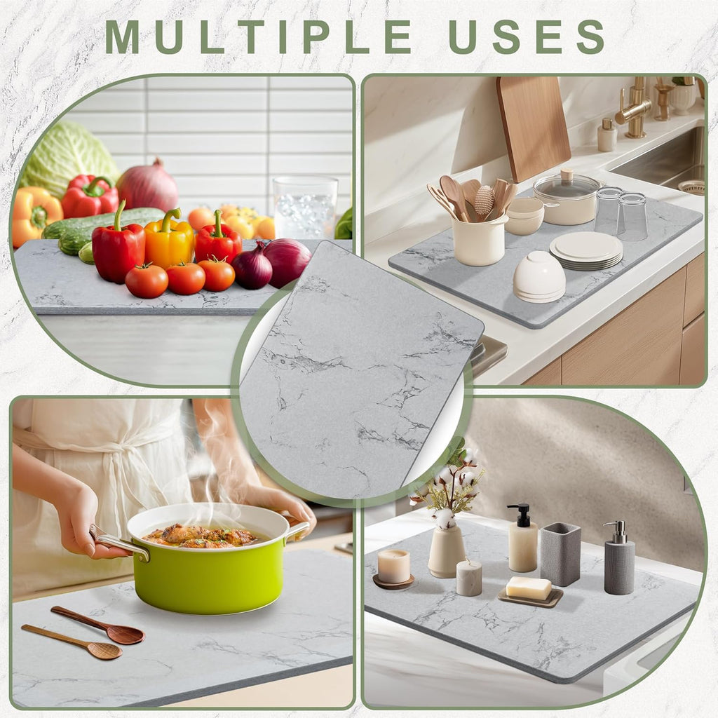 Large Stone Drying Mat for Kitchen Counter, 24" × 16" Diatomite Dish Drying Mat, Quick Dry Stone Mats, Ultra Absorbent Natural Diatomaceous Earth Mats for Dished, Bottles, Grey Marble