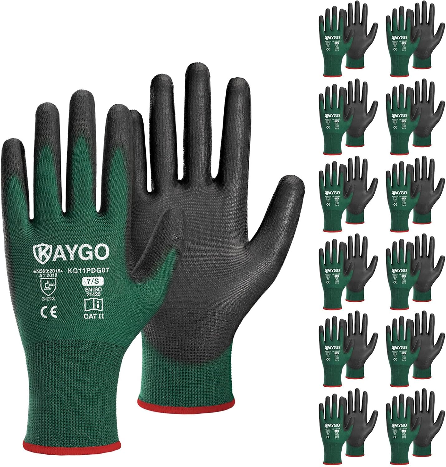 KAYGO Safety Work Gloves PU Coated,12 Pairs KG11PB Seamless Knit Glove for Men and Women, with Smooth Grip on Palm and Fingers, Ideal for General Duty Work (Small,Dark Green)