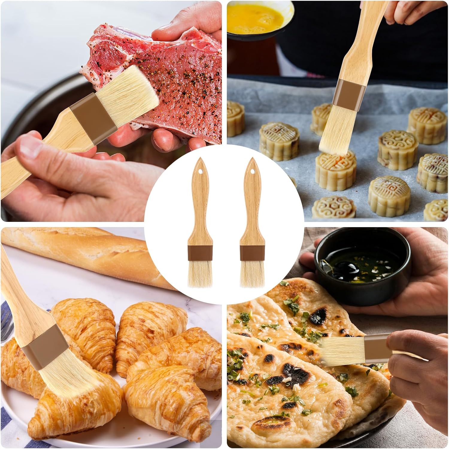 2Pcs Basting Brushes, Pastry Brush for Cooking and Baking, Natural Boar Bristle Food Brushes for Oil and Sauce, Butter & Egg Wash Brush Kitchen Gadgets with Beech Hardwood Handles