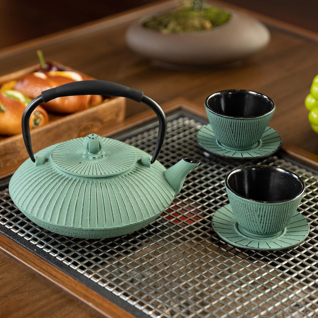 Cast Iron Teapot Set with 2 Tea Cups, 7Pcs Japanese Tea Kettle with Stainless Steel Infuser, Tea Pot Coated with Enameled Interior, Line Pattern, 27oz 780ml Green