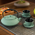 Cast Iron Teapot Set with 2 Tea Cups, 7Pcs Japanese Tea Kettle with Stainless Steel Infuser, Tea Pot Coated with Enameled Interior, Line Pattern, 27oz 780ml Green