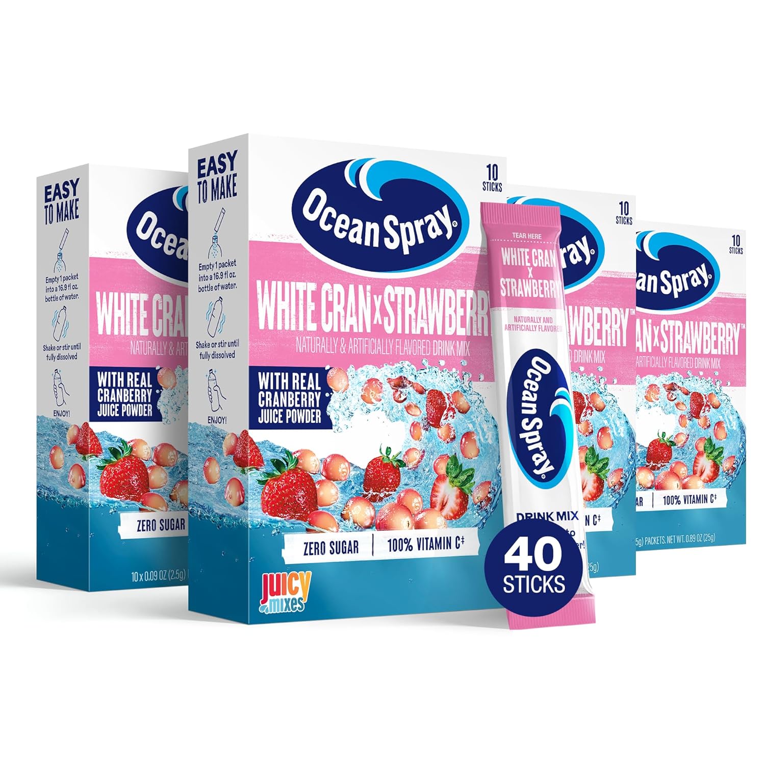 Ocean Spray® White Cran-Strawberry™ Zero Sugar Powder Drink Mix Packets with Real Cranberry Juice Powder, 100% Vitamin C, No Synthetic Dyes, Juicy Mixes (40ct)