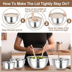 TeamFar Khaki Mixing Bowls, 6-Piece Stainless Steel Nesting Salad Bowls with Lid Set for Prepping Baking, Non-Toxic & Stackable, Air-Tight Lid & Non Slip Bottom, 4.6/2.6/2/1.5/1 / 0.7 QT