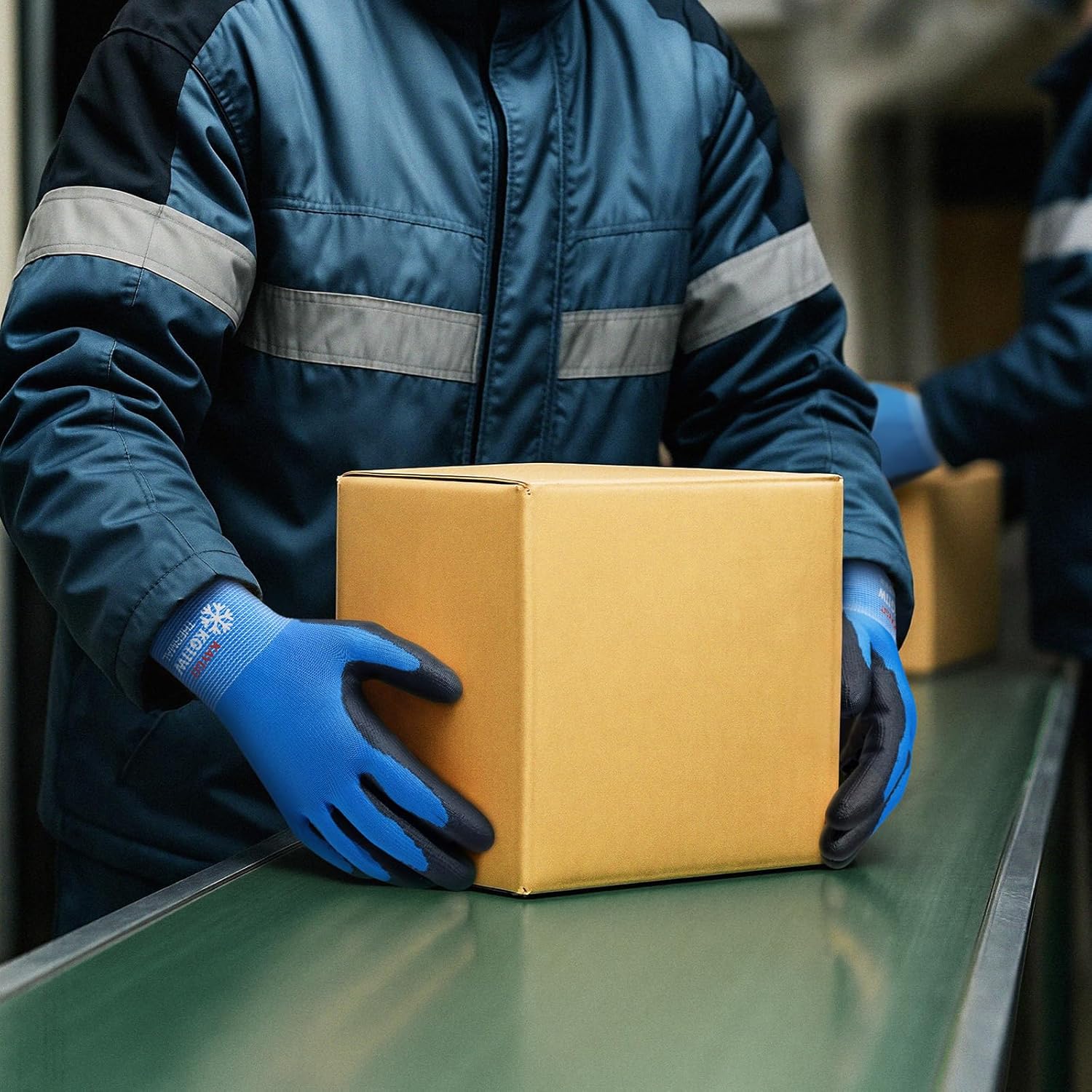 KAYGO Winter Work Gloves for Men and Women, 12 Pairs Thermal Insulated Safety Work Gloves PU Coated, Smooth Grip on Palm & Fingers,Ideal for Freezer Work,Blue,XL