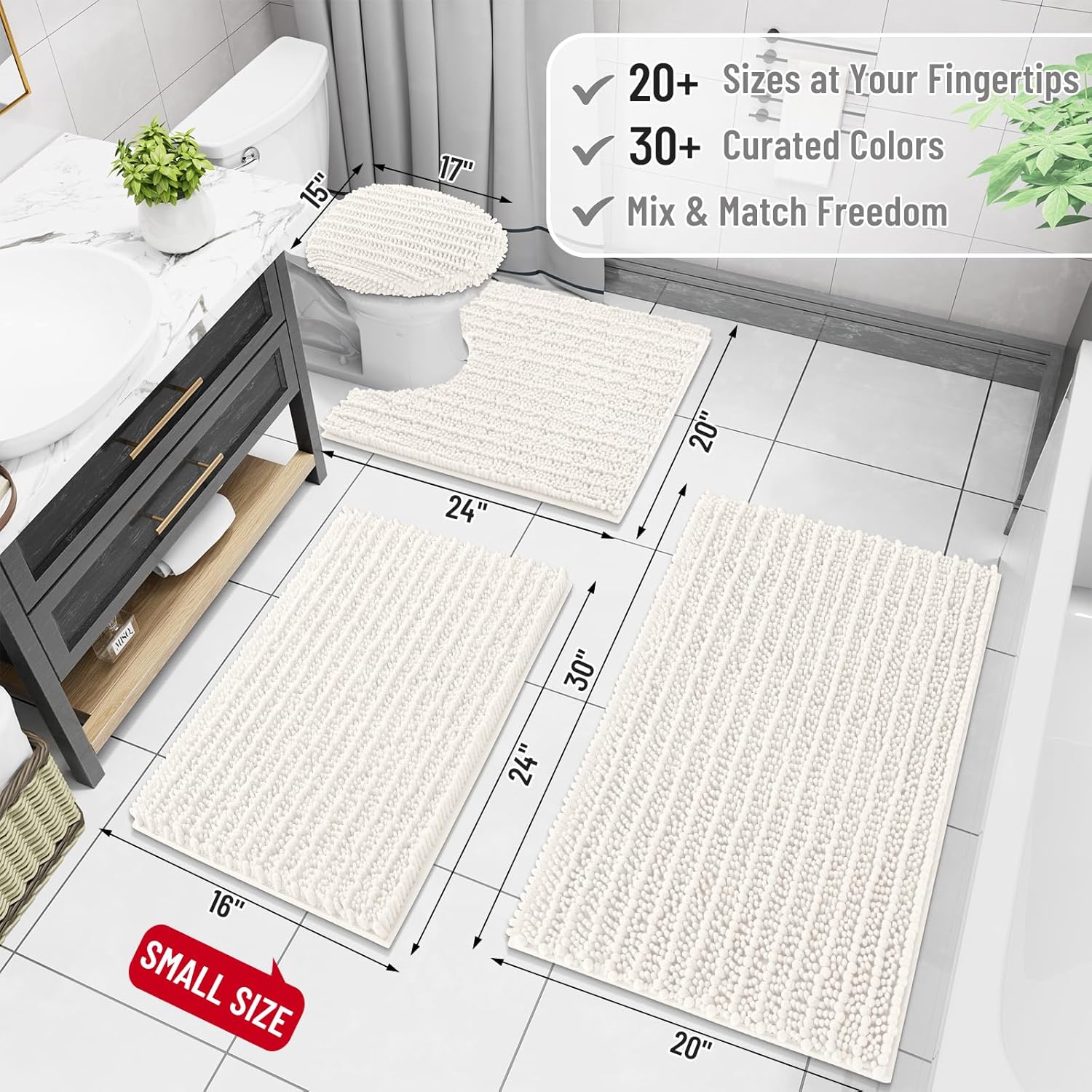 Arotive Luxury Chenille Bathroom Rug Mat, Extra Soft Thick Absorbent Shaggy Bath Rugs, Non-Slip Machine Wash Dry, Plush Bath Mats for Bathroom, Shower and Tub, 47x32, Ivory