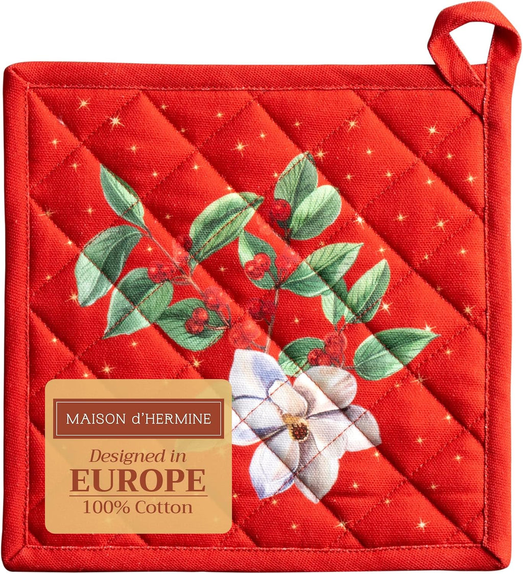 Maison d' Hermine Pot Holders 100% Cotton Heat Resistant Potholders 8" x 8" Hot Pads with Loop BBQ, Cooking, Baking, Grilling, Kitchen, Handling Hot Pans (Pack of 1, Noel)