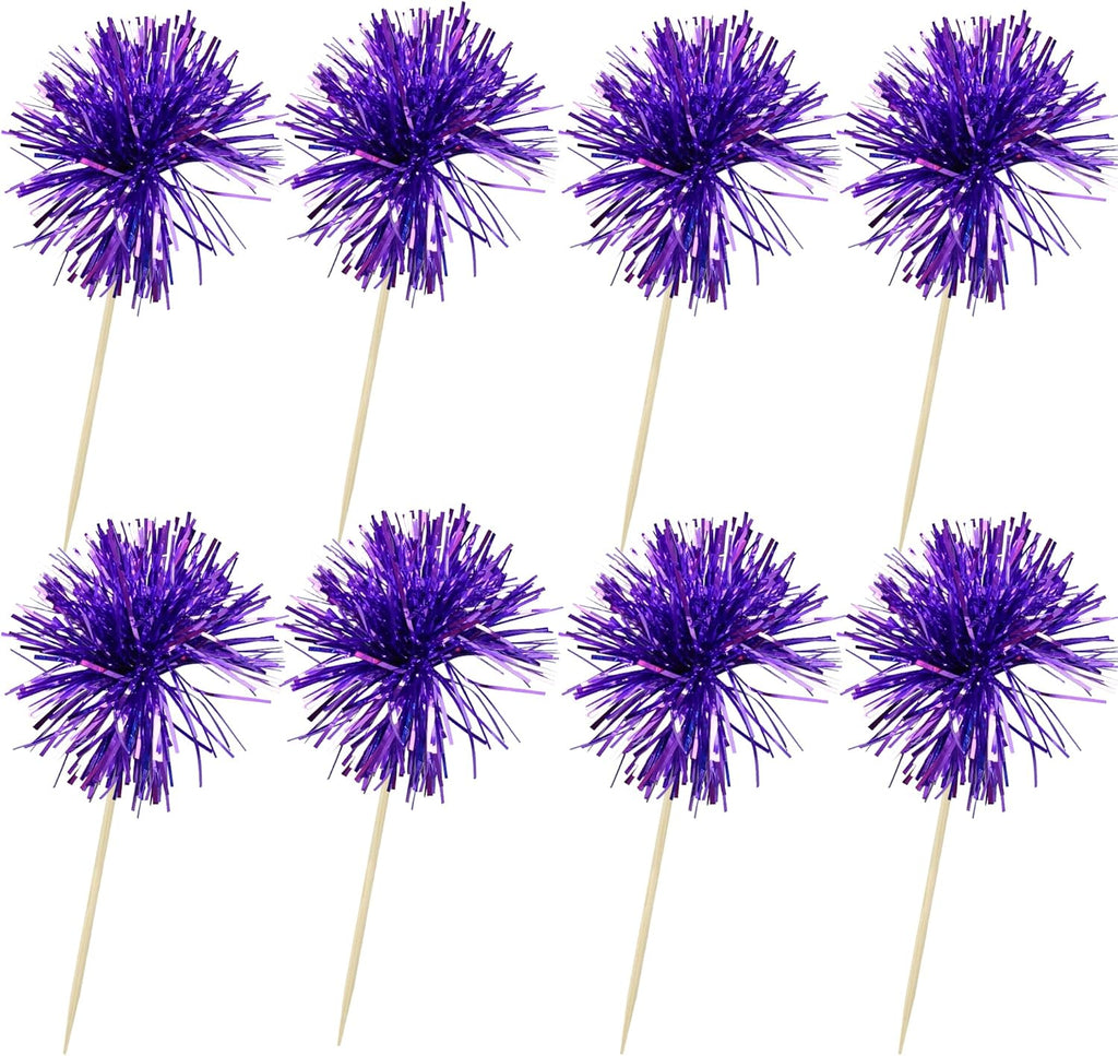 Ephlyn 30Pcs Foil Firework Cupcake Toppers Party Birthday Cake Toppers Supplies Sparkle Tinsel Cocktail Fruit Toothpick for Birthday Wedding Graduation Party Supplies Purple