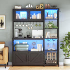 Itaar Bakers Rack with Power Outlet and LED Light, 45.3 Inch Farmhouse Coffee Bar Cabinet, Kitchen Microwave Stand with Storage, Glass Cabinet, Goblet Holder and 8 Hooks, Black