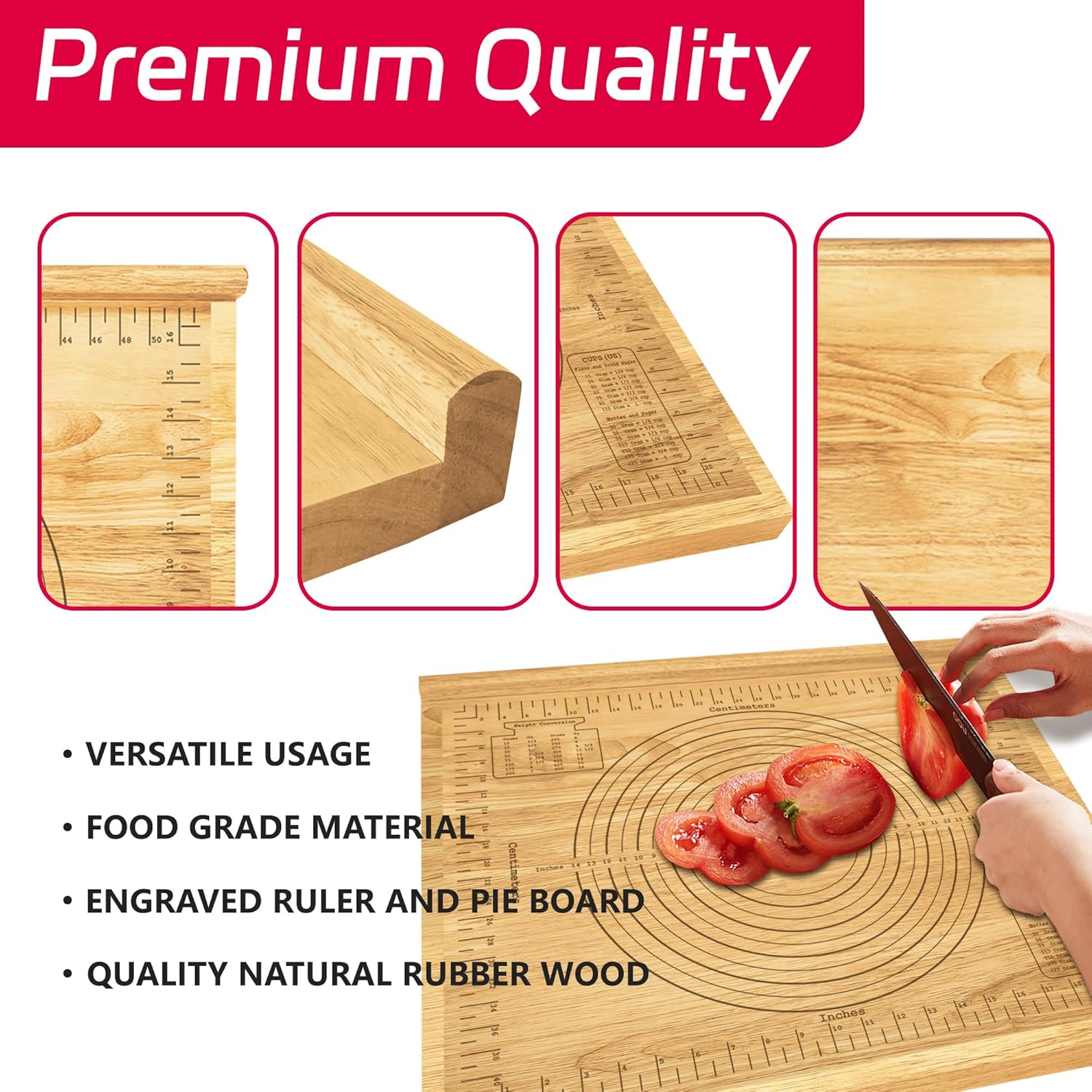 Montex Pastry Board with Measurement 24'' x 20", Wooden Kneading Board, Pastry Board for Rolling Dough, Pastry Baking Board with Counter Lip