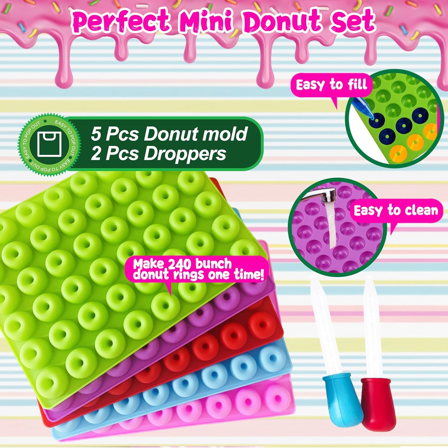 5 Pack Gummy Rings Candy Molds Silicone Round Mini Donut Mold with 2 Dropper,Non-Stick Food Grade Mold for Hard Candies, Chocolate, Ice Cube