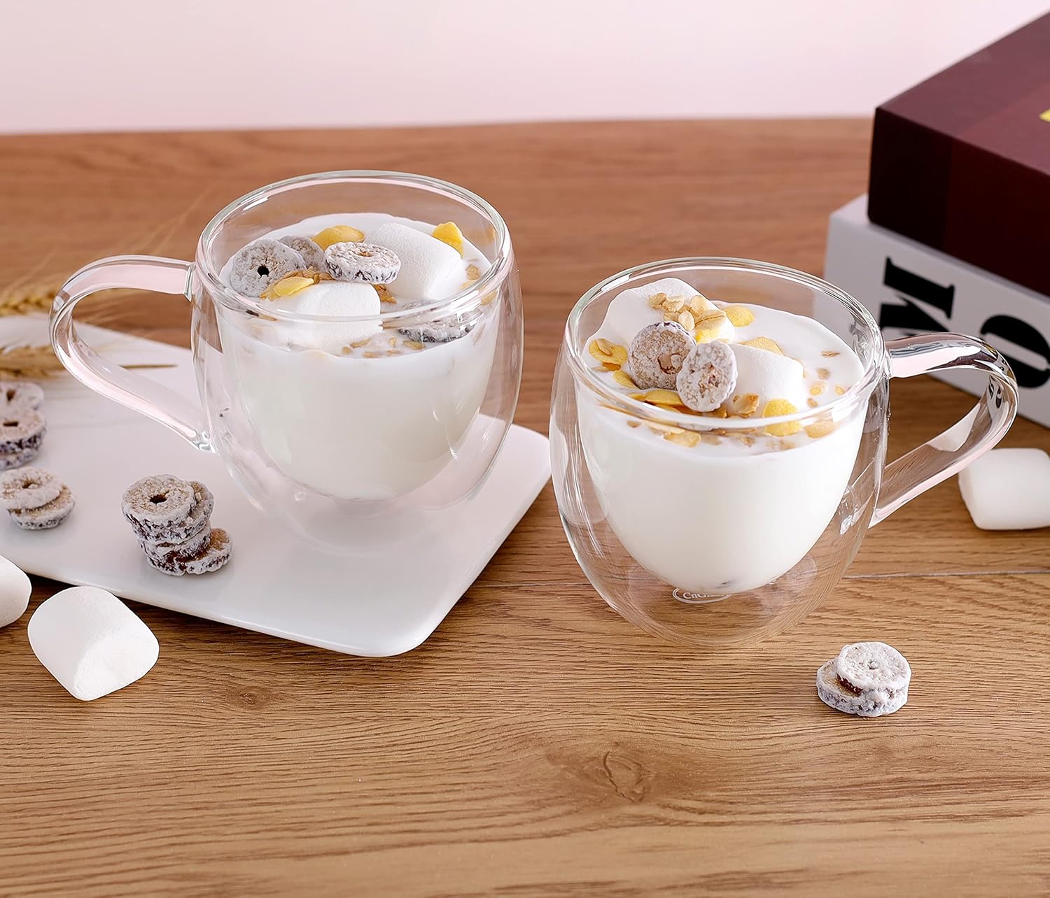 CNGLASS Double Wall Glass Coffee Mugs with Handle,10oz Clear Insulated Glass Espresso Cups for Hot and Cold Beverages,Latte,Cappuccino,Set of 2