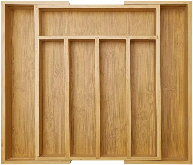 Expandable Large Utensil Drawer Organizer Cutlery Tray Bamboo Kitchen Silverware Organizer Cooking Utensil Tray Holder Adjustable Wooden Flatware Organizer for Drawer Spoon Fork Silverware Tray