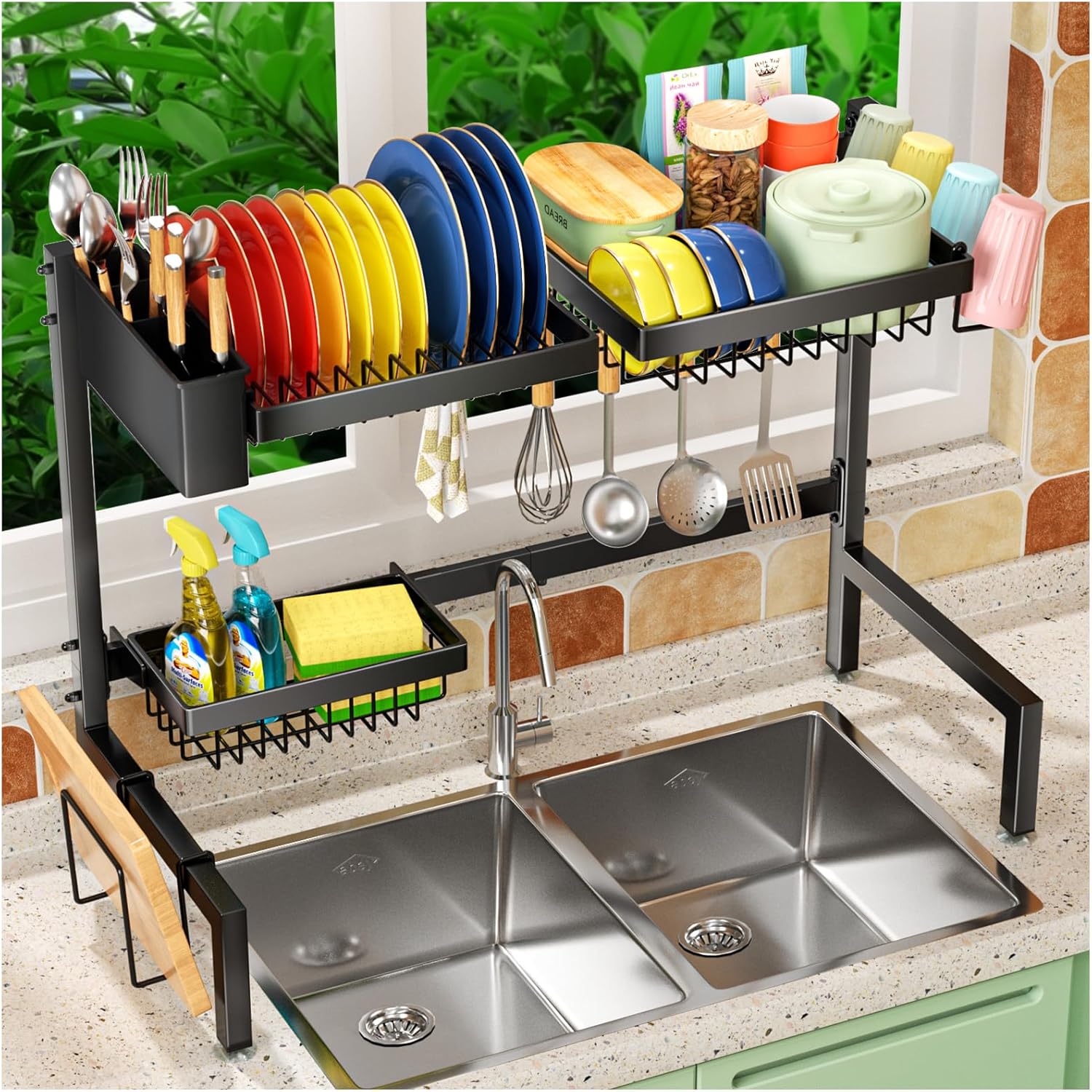 SNSLXH 2-Tier Over The Sink Dish Drying Rack, Kitchen Large Dish Drying Rack Over The Sink, Suitable for Most Sinks, Effective Dish Drying, Kitchen Drying Rack（24.8"-35.4"）