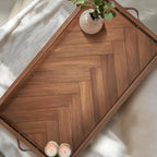 Tray for Ottoman 32 x 18 Inches, Rectangular Ottoman Trays, Extra Large Wooden Tray with Leather Handles, Food Serving Trays for Dinner, Breakfast, Snacks