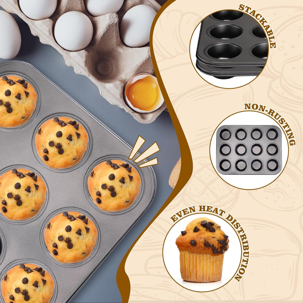 BEWOS 2 PCS Non-Stick 12 Cup Muffin Pan, Carbon Steel Mini Muffin Pan with 24 Reusable Silicone Silicone Molds, Dishwasher Safe & Easy Clean Muffin Tin, Baking Moulds for Muffins or Cupcake（Grey）