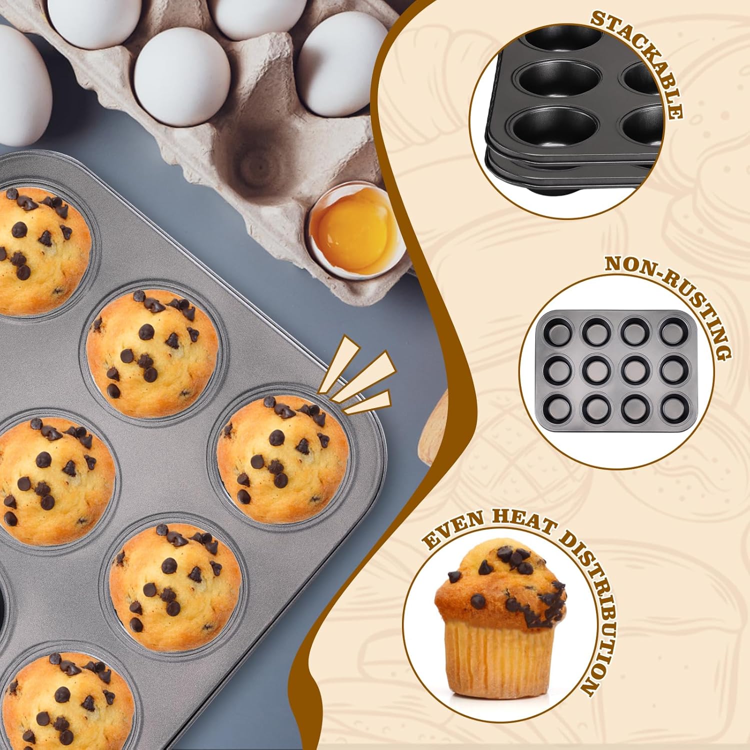 BEWOS 2 PCS Non-Stick 12 Cup Muffin Pan, Carbon Steel Mini Muffin Pan with 24 Reusable Silicone Silicone Molds, Dishwasher Safe & Easy Clean Muffin Tin, Baking Moulds for Muffins or Cupcake（Grey）
