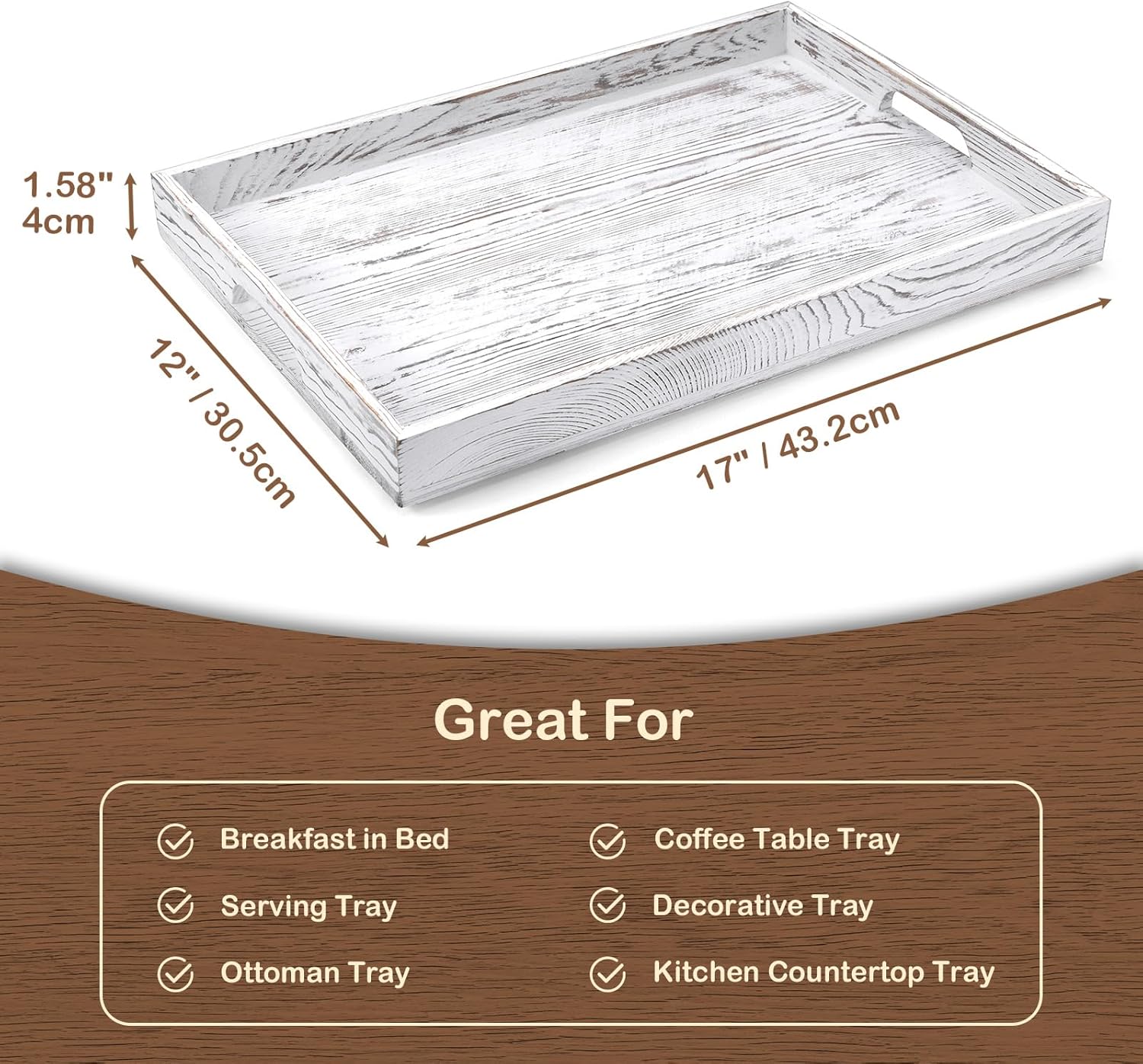 17 Inch White Serving Tray with Handles, Large Wooden Tray for Ottoman, Breakfast in Bed, Coffee Table, Dinner, Rectangular Wood Tray for Living Room Bedroom Entryway and Kitchen