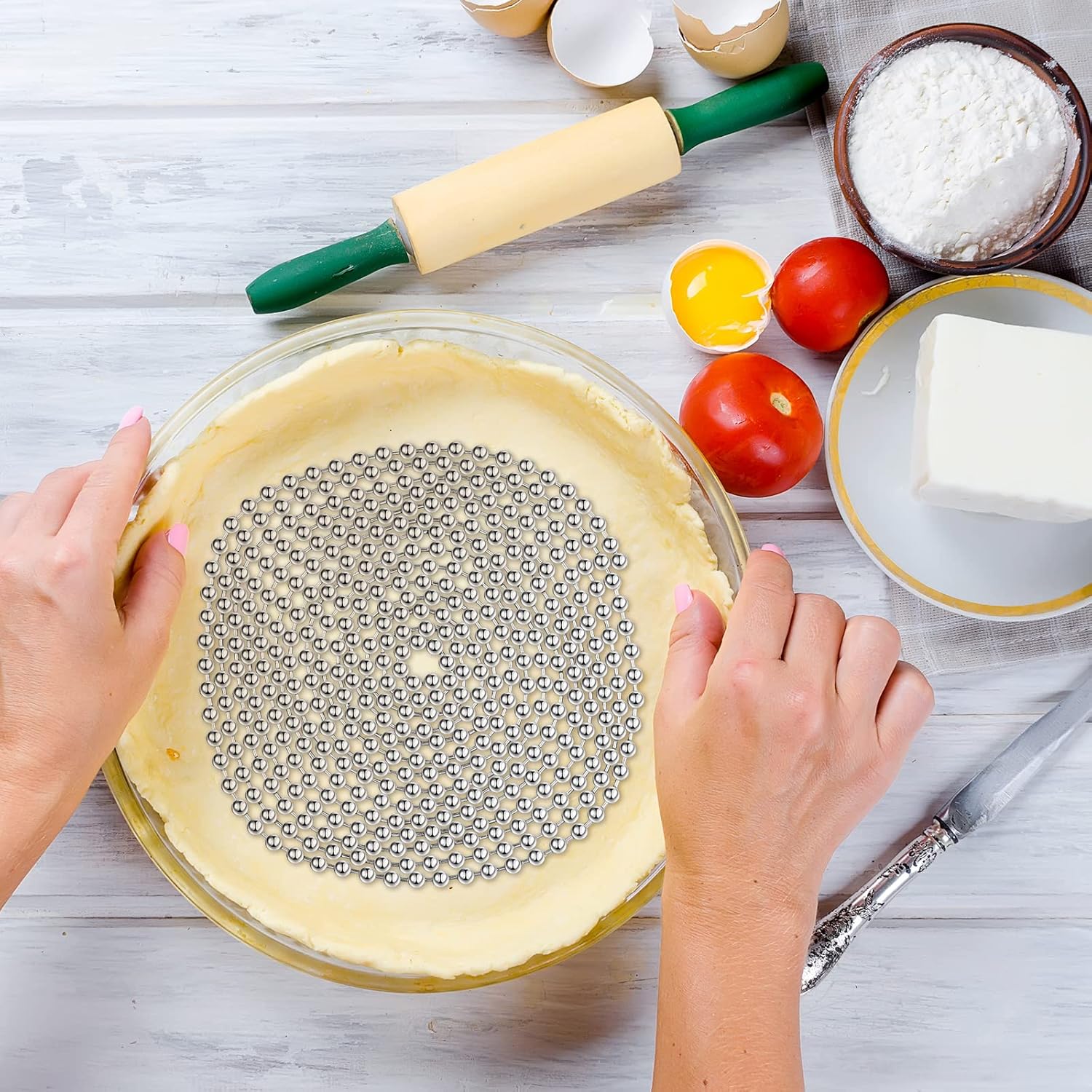 Ferraycle 2 Pieces Pie Weights for Baking Crust Pie Crust Weight Protectors for Edges Baking Beads Chain Stainless Steel Beads for Dough Kitchen Cooking Blind Pastry(6 Ft, 10 Ft)