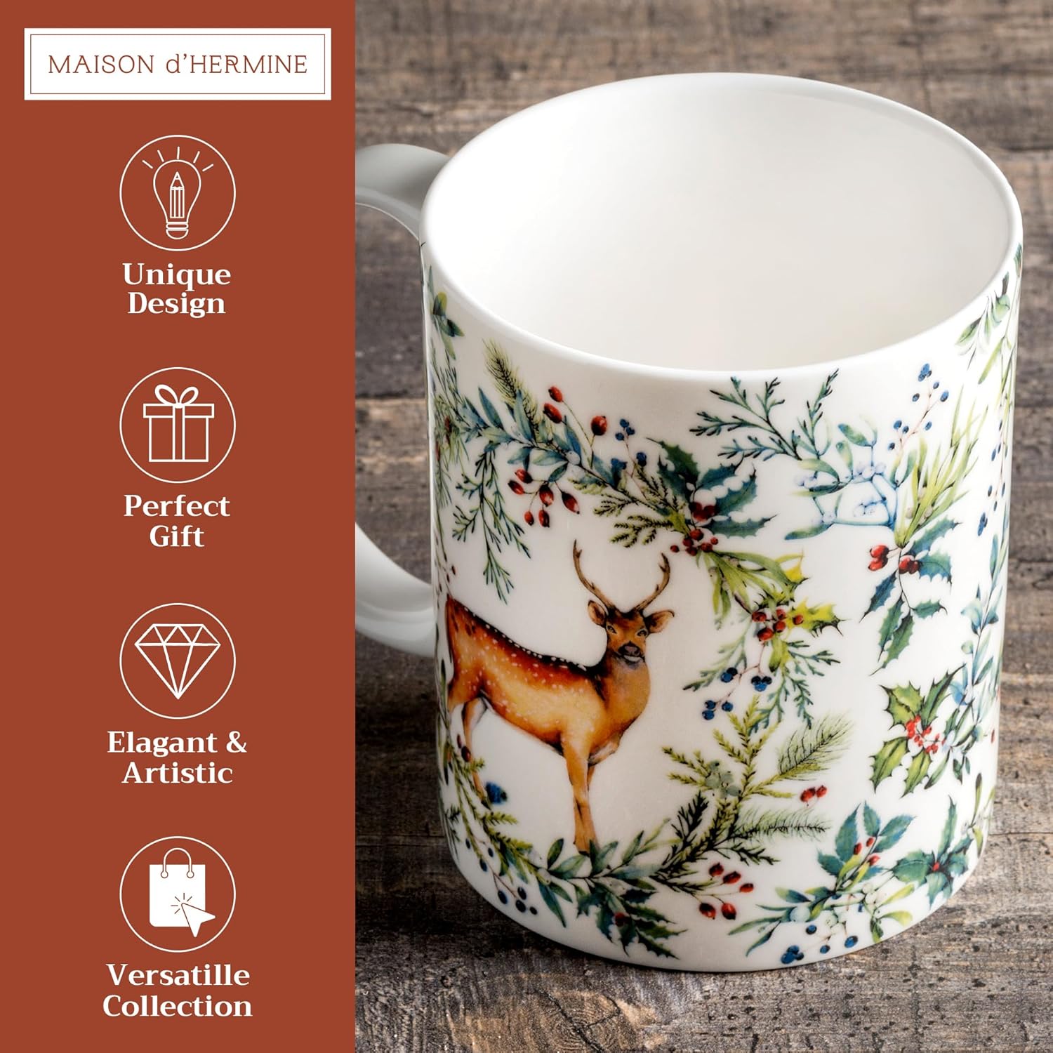 Maison d' Hermine Coffee Mug with Handles Fine Bone China Mugs Pack of One Tea Cups for Hot Beverages Cappuccino Latte Home Restaurant Office Perfect for Gift (Holly Time - Biche, 15 Ounce)