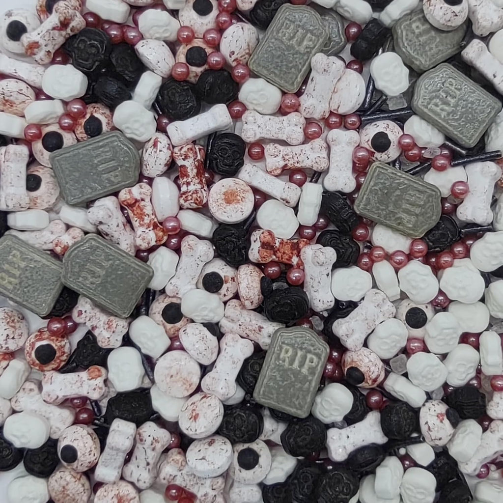 Halloween Sprinkles Gravestones & Bones & Eyes & Skull Topper Edible Themed Sprinkles For Cookie Decorating, Chocolate Desserts, Cupcakes, Ice Cream 4.58OZ