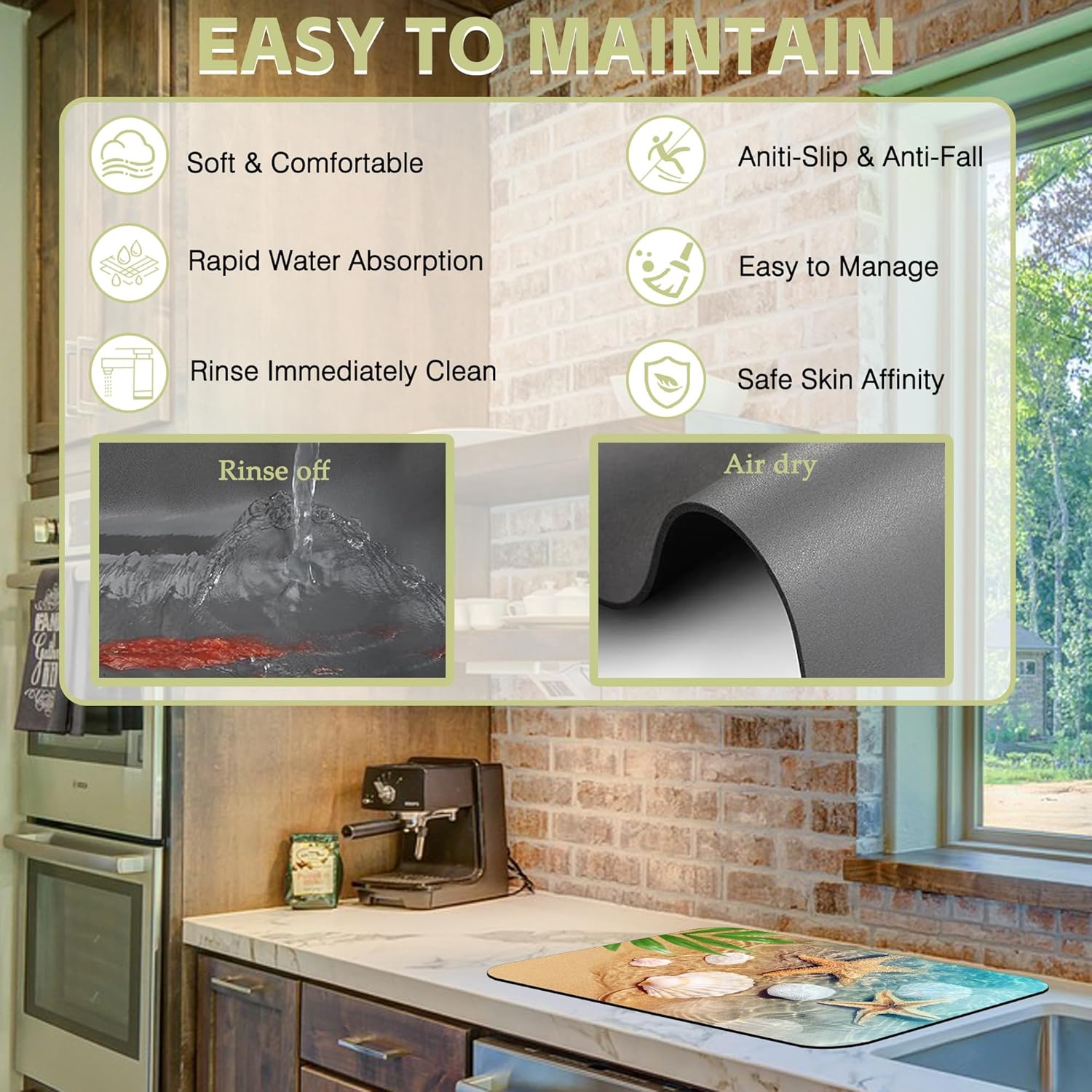 Dish Drying Mat Summer Beach Starfish Seashell Kitchen Mat 12"x19" Bsorbent Coffee Maker Mat for Dishes,Utensils Coffee Maker Pots and Pans Easy Clean Dish Slip Resistant Pad