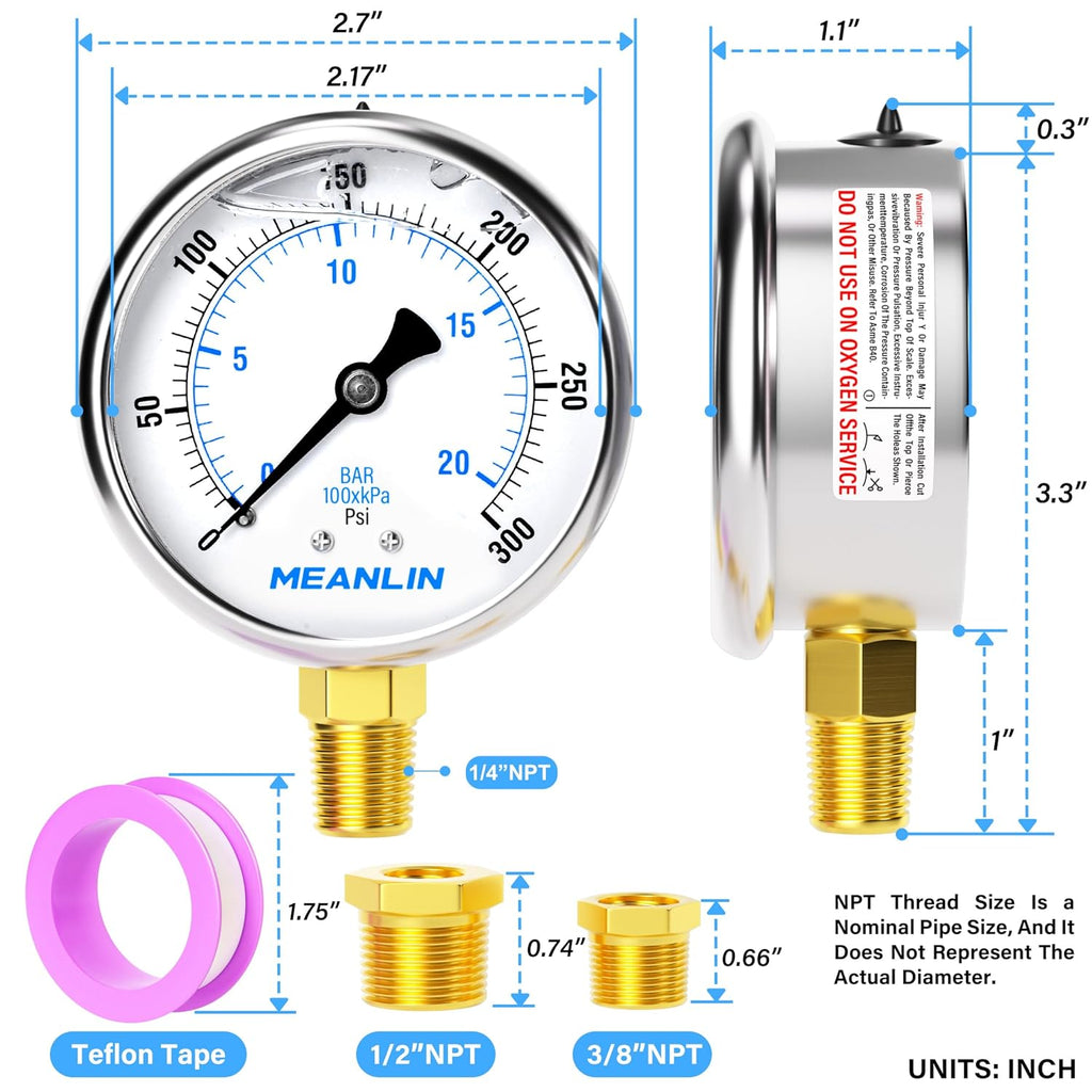 MEANLIN MEASURE 0~300Psi Stainless Steel 1/4" NPT 2.5" FACE DIAL Liquid Filled Pressure Gauge WOG Water Oil Air Lower Mount, with 1/2" NPT and 3/8" NPT Hex Bushing