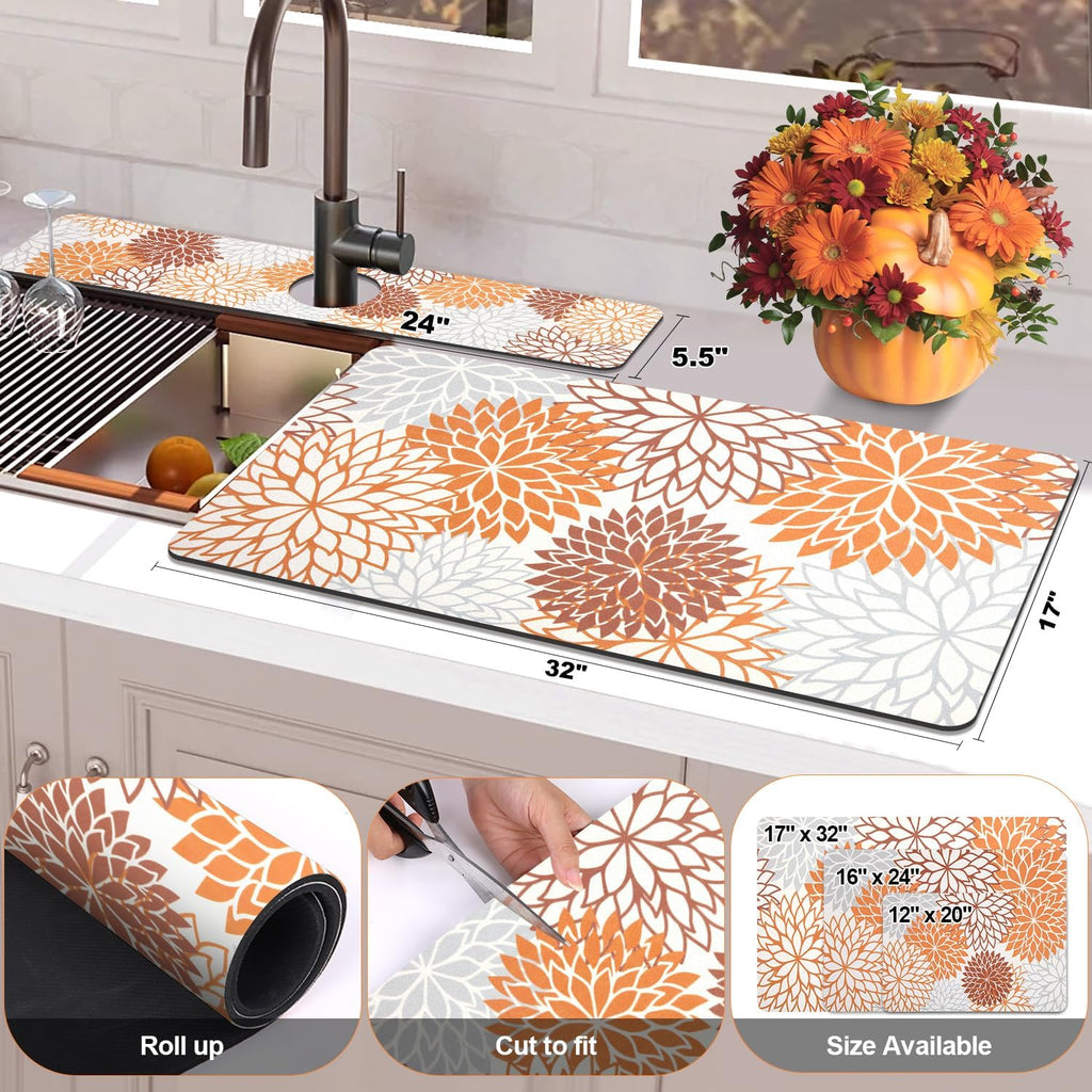 Findosom 2PCS 17" x 32" Fall Dish Drying Mat & 24" x 5.5" Sink Splash Guard, Super Absorbent & Cuttable Dish Mat Drying Kitchen Mat with Orange Floral, Hide Stain Drying Mat for Kitchen Counter