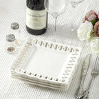 Square Appetizer Plate, Set of 4, 8 inch Ceramic White Dinner Plates with Lace Rim, Small for Cake Snacks Dessert Steak Bread Butter Canape Luncheon Side Dish at Home Hotel and Restaruant, Stackable