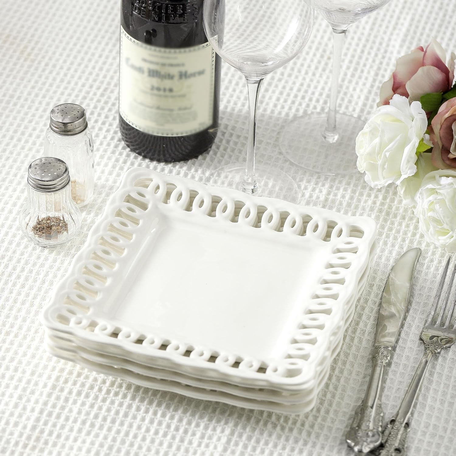 Square Appetizer Plate, Set of 4, 8 inch Ceramic White Dinner Plates with Lace Rim, Small for Cake Snacks Dessert Steak Bread Butter Canape Luncheon Side Dish at Home Hotel and Restaruant, Stackable