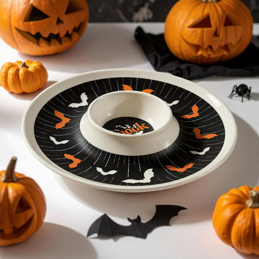 Oasis Choice 2-Pack Halloween Skeleton Serving Trays, 18" Large Handled Tray & 13" Chip & Dip Platter for Horror Party, BBQ, picnics and Birthday Decor (Bamboo Fiber, Black, 18inch)