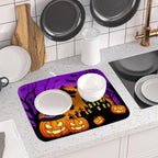 Happy Halloween Pumpkin Dish Drying Mat for Kitchen Counter,Witch Ghost Castle Bat Purple Drying Mat 16 x 18 Inch with High Absorbent Microfiber Drainer Mat for Coffee Bar