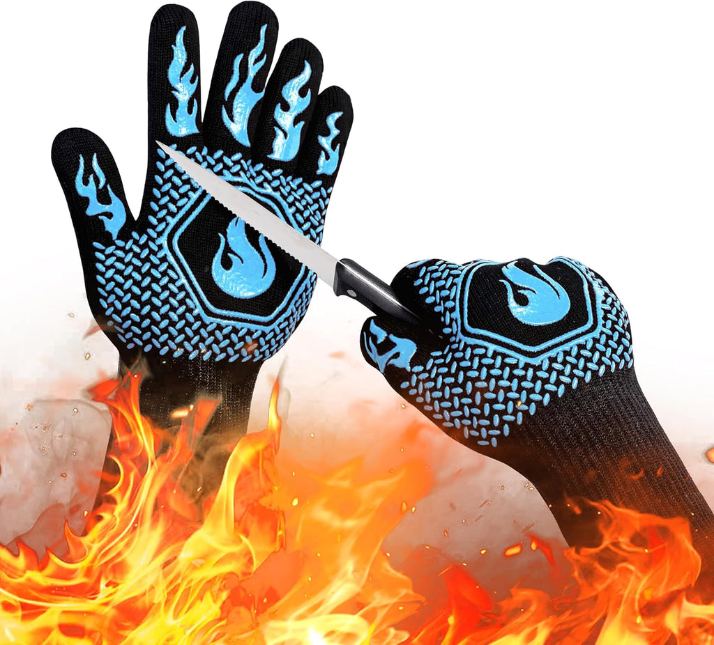 BBQ Fireproof Gloves, Grill Cut-Resistant Gloves 1472°F Heat Resistant Gloves, Non-Slip Silicone Oven Gloves, Kitchen Safe Cooking Gloves for Oven Mitts,Barbecue,Cooking, Frying,13.5 Inch-Sky Blue